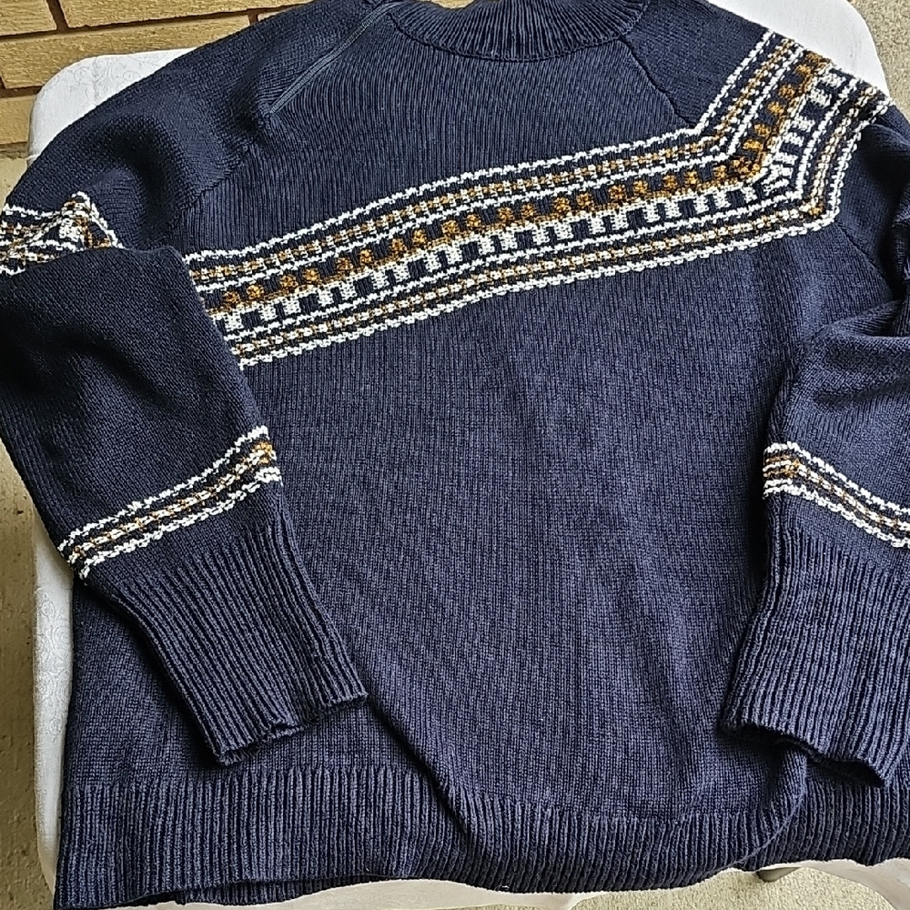 CAbi Woman's Sweater in Navy with Geometric Pattern